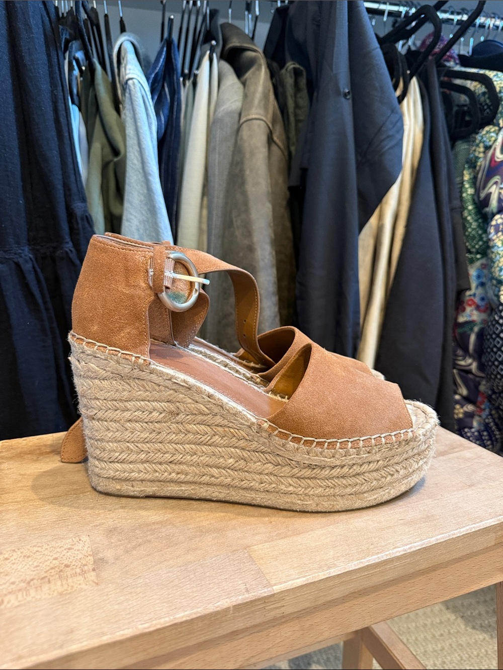 Marc Fisher Cognac Suede Espadrille Platform Wedge Sandal
